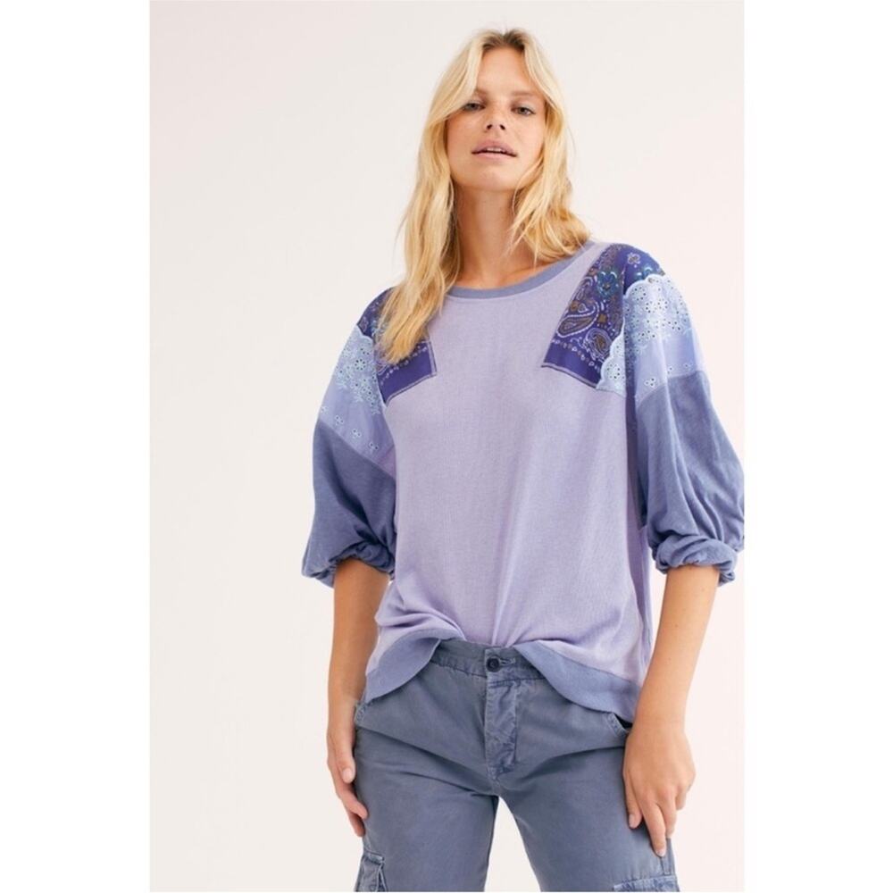 NWOT Free People We The Free Feelin It Boho Patchwork Top Cornflower Blue S